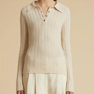 KHAITE Cream Ribbed Cashmere Polo Sweater | Marbled Shell Buttons Slim-Fit Top